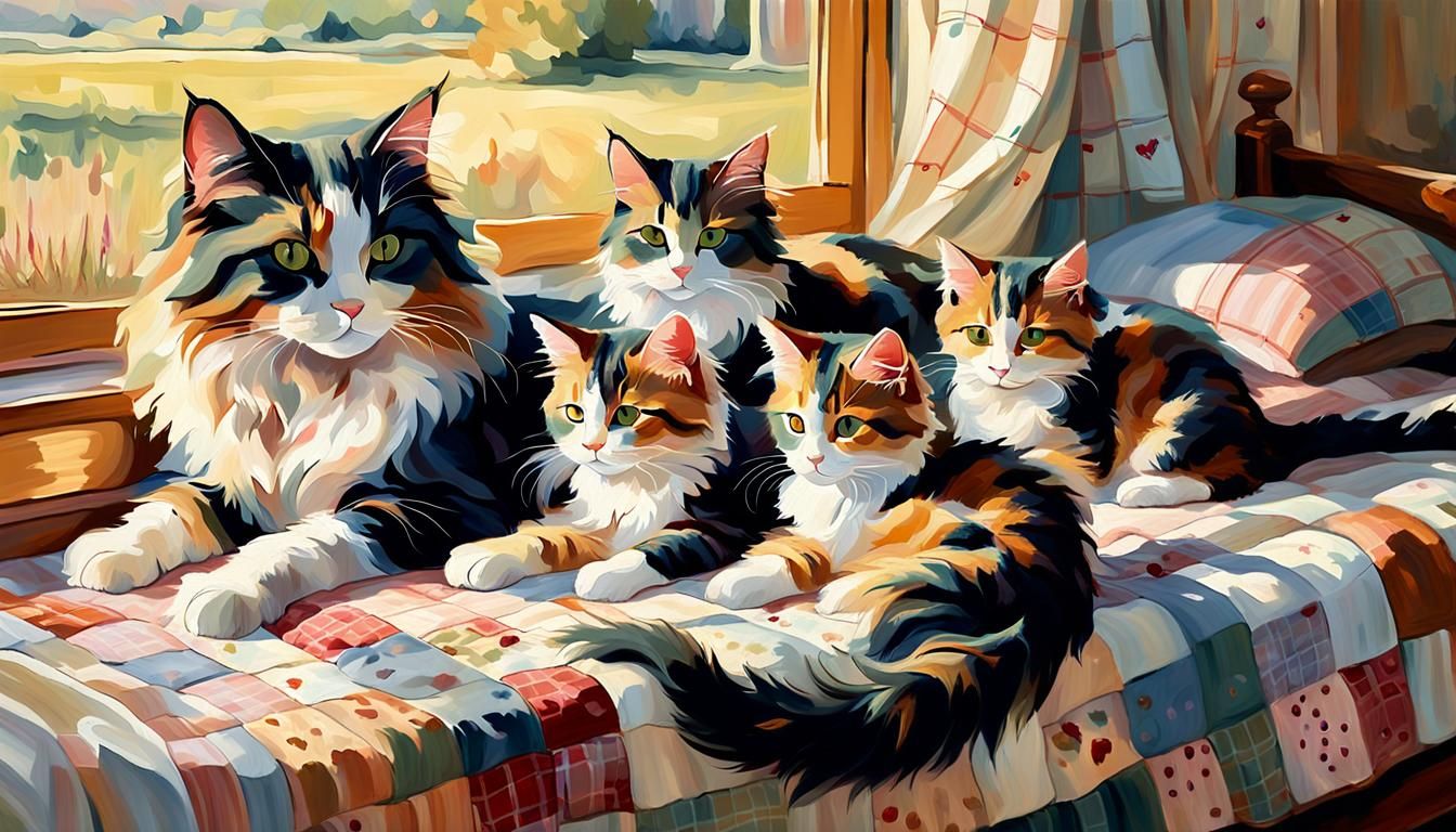 Calico Cat and Kittens in Impressionist Style
