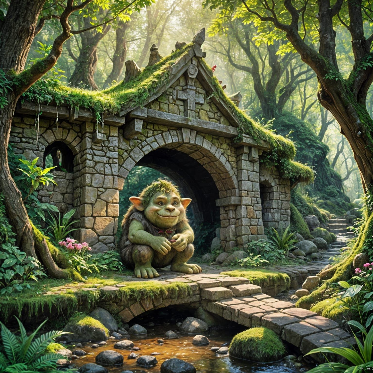 Moss Troll Hiding in Forest, Watercolor Painting