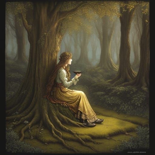 Woman in Medieval Dress, Enchanted Golden Illustration