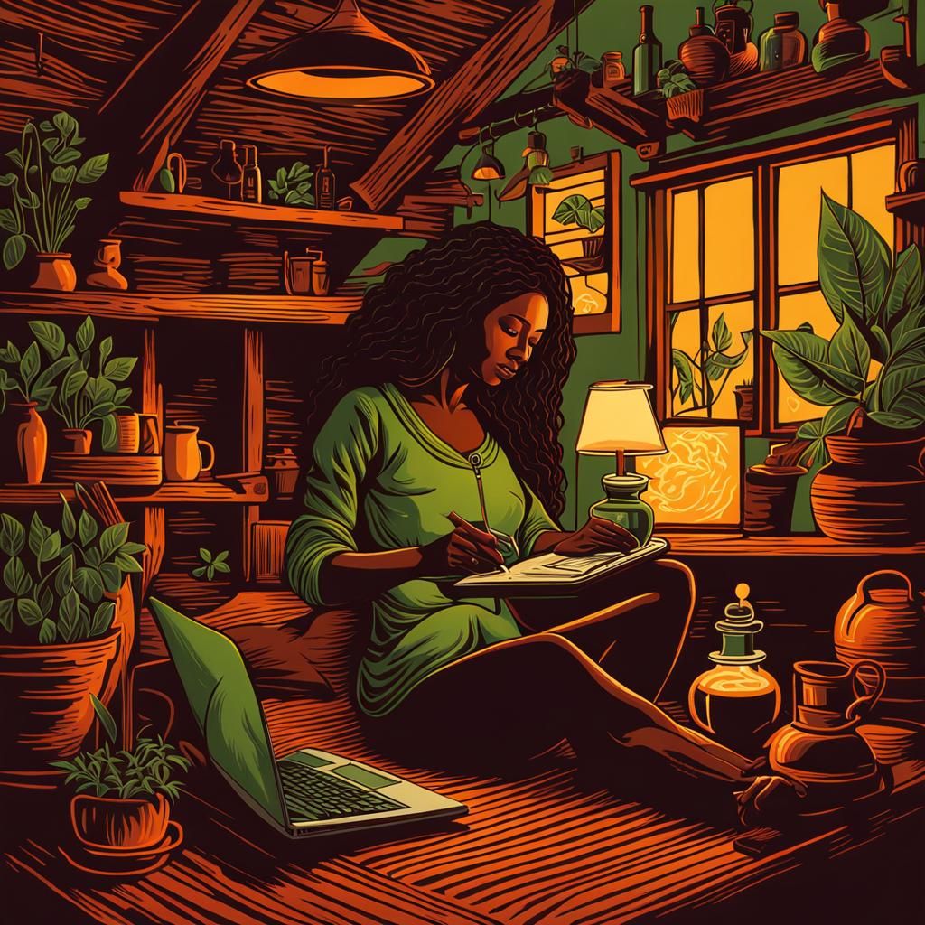 Cozy Witch Programmer in Village Cottage