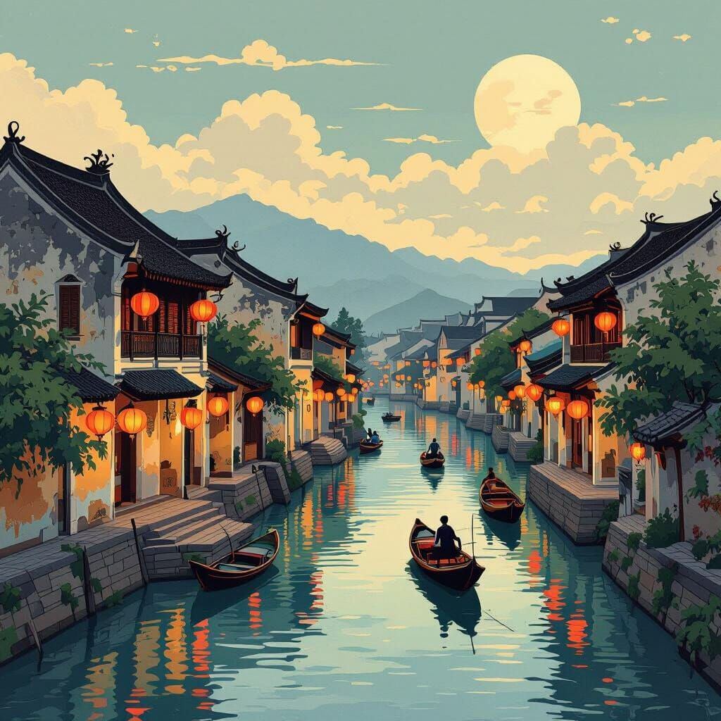 Hoi An Ukiyo-e Landscape with Lanterns