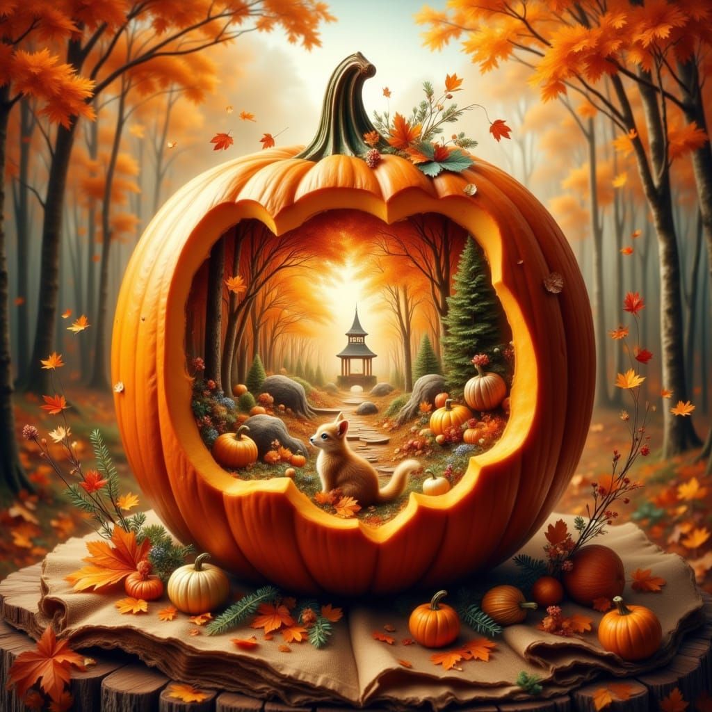 Enchanted Pumpkin World with Tiny Woodland Creatures