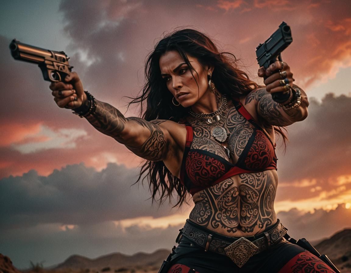 Muscular Woman with Guns at Sunset: Cinematic Film Still