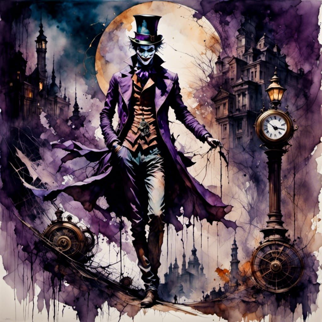 Steampunk Joker in Victorian Cityscape, Watercolor Style