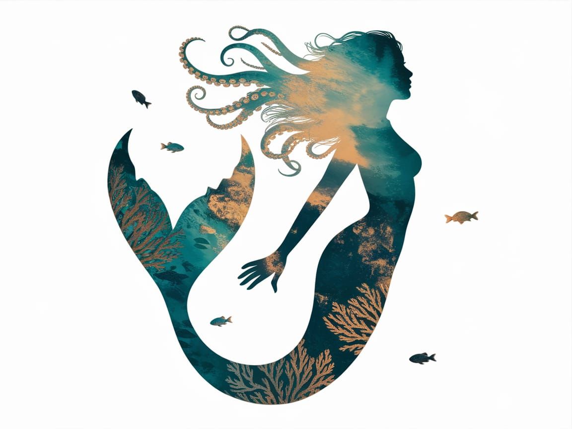 Mermaid Silhouette Double Exposure in Watercolor Style