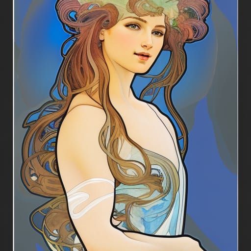 Watercolor Woman with Mycelium Hair in Art Nouveau Style