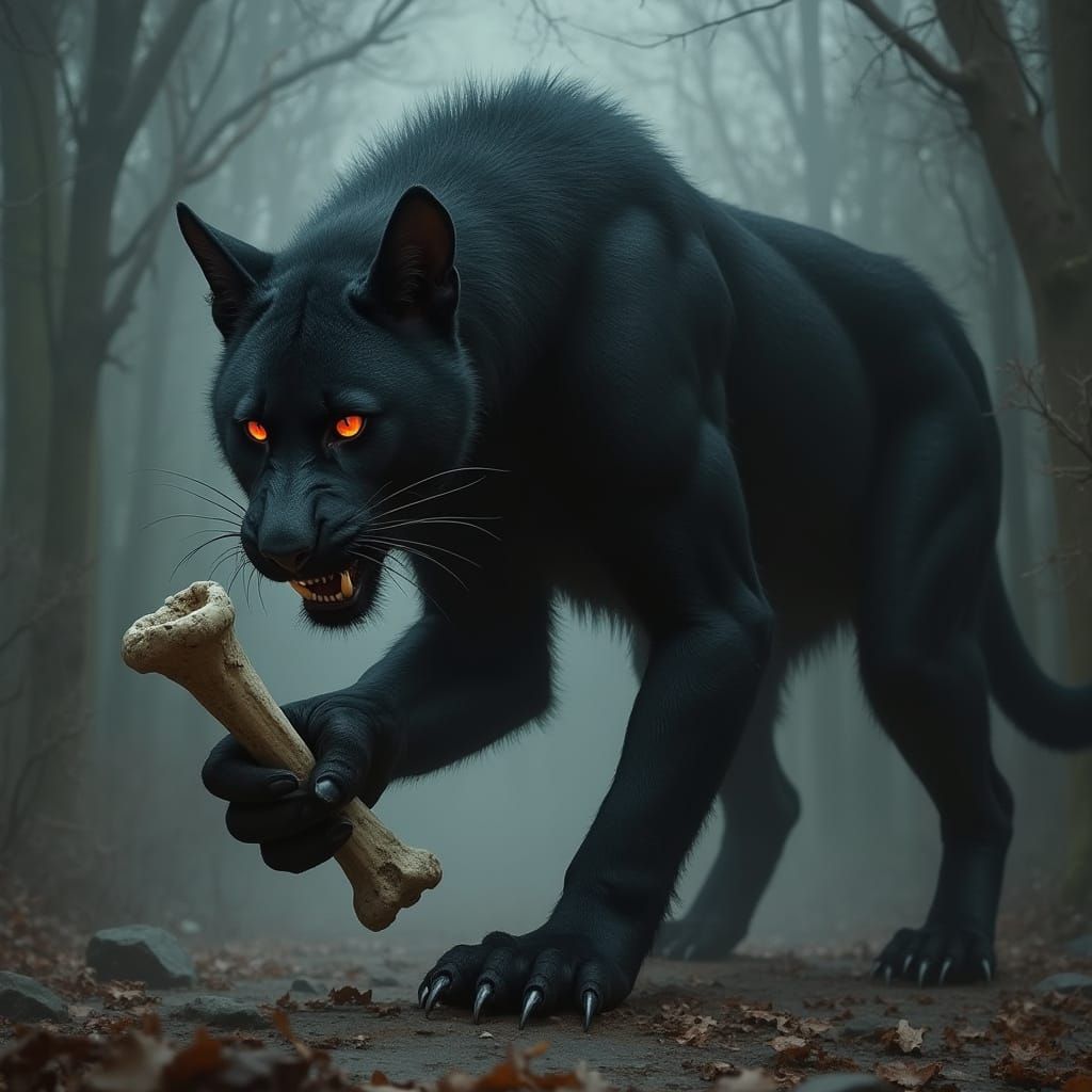 Panther-Wolf Hybrid with Bone, in Dark Fantasy Style