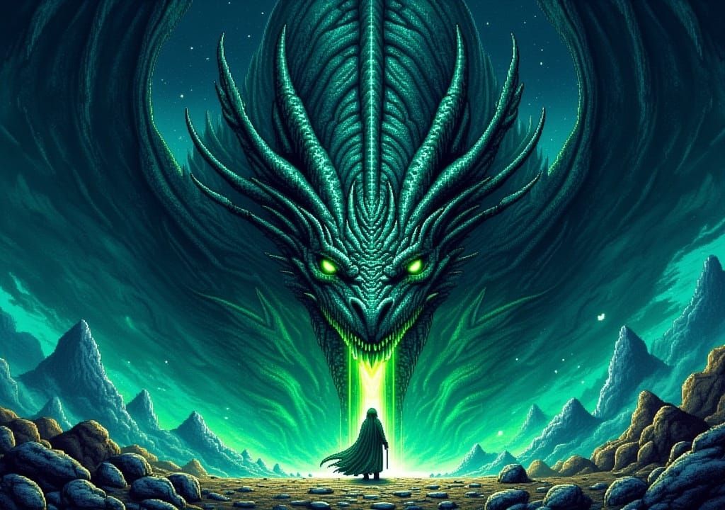 Dragon and Figure in Pixel Art Style