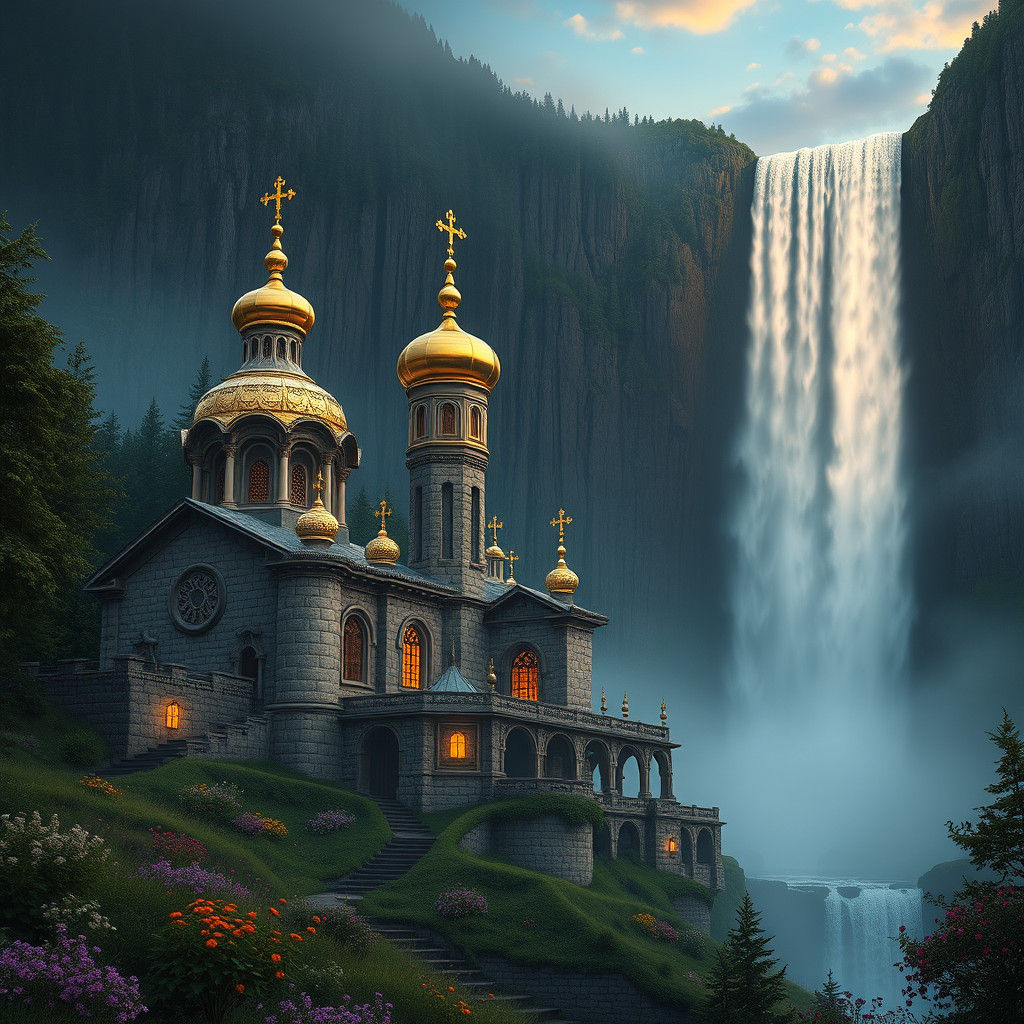 Majestic Russian Orthodox Monastery at Sunset Waterfall