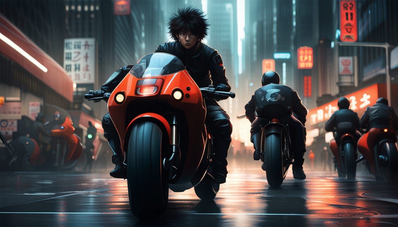 Futuristic Cityscape with Motorcycles in Hyperrealism