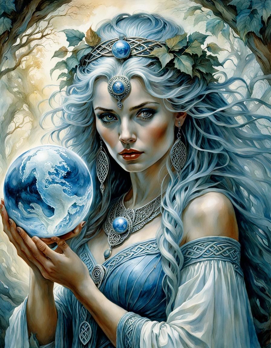 Celtic Sorceress with Frozen Sphere, Watercolor Illustration