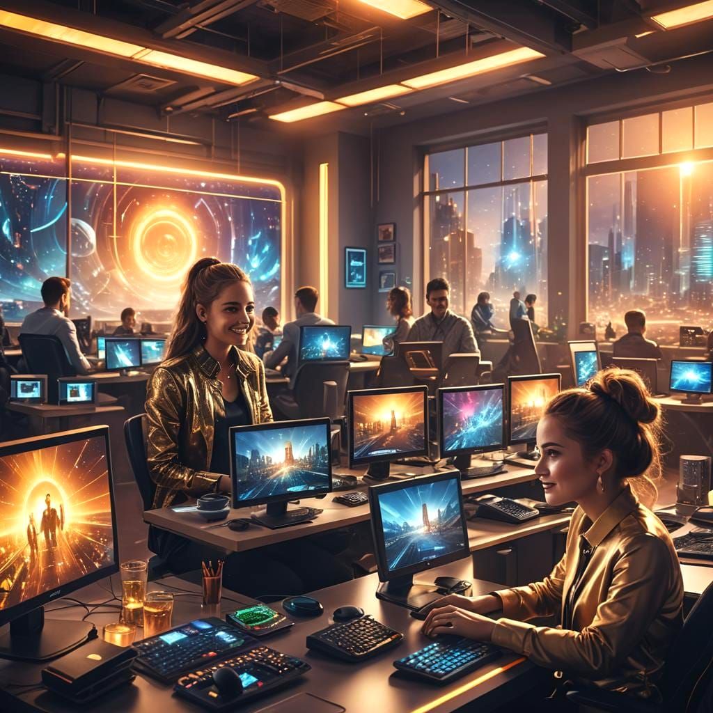 Colorful Computer Desktop Office with Spark Effects