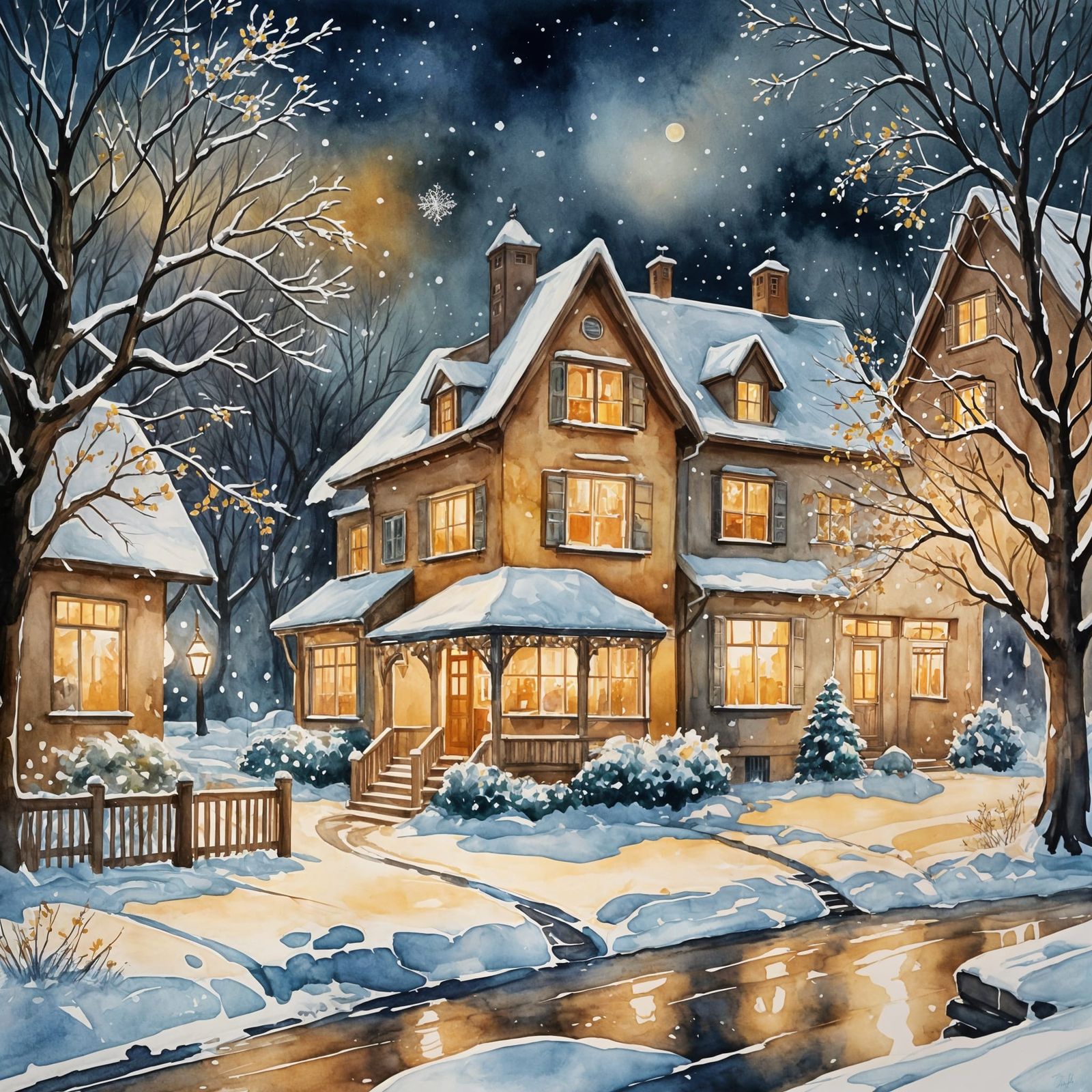 Cozy Winter Night Street Scene with Snow