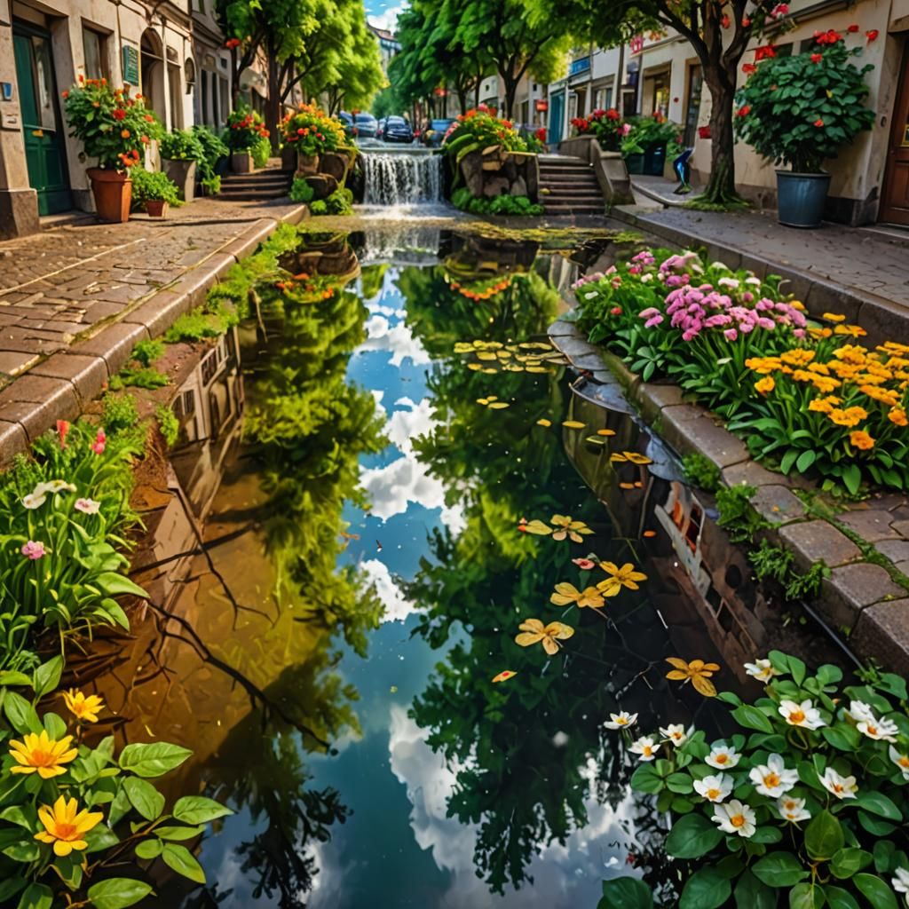 City Puddle Portal to Green Landscape: Digital Art