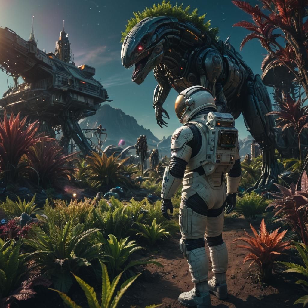 Astronaut Surrounded by Alien Technology in a Vibrant, Iride...