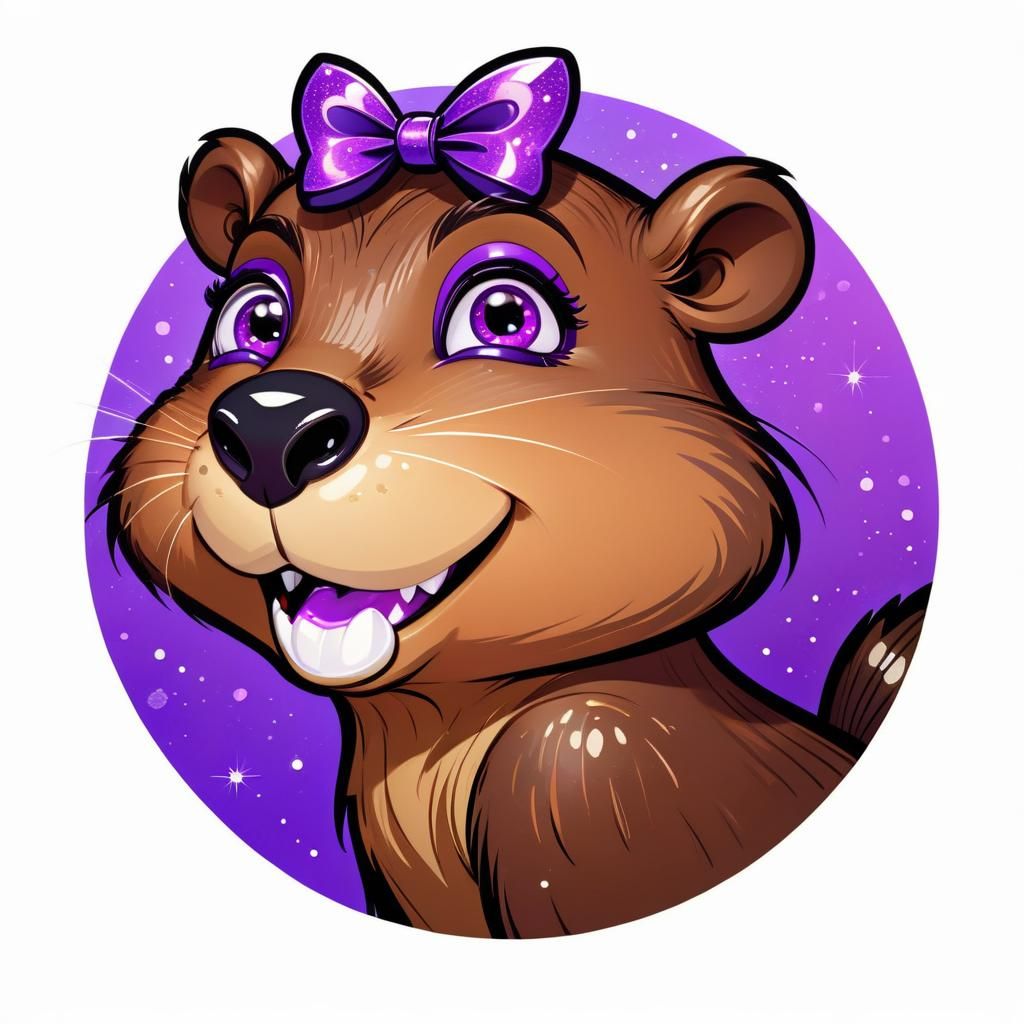 Cartoon Beaver Portrait with Purple Bow, Digital Illustratio...
