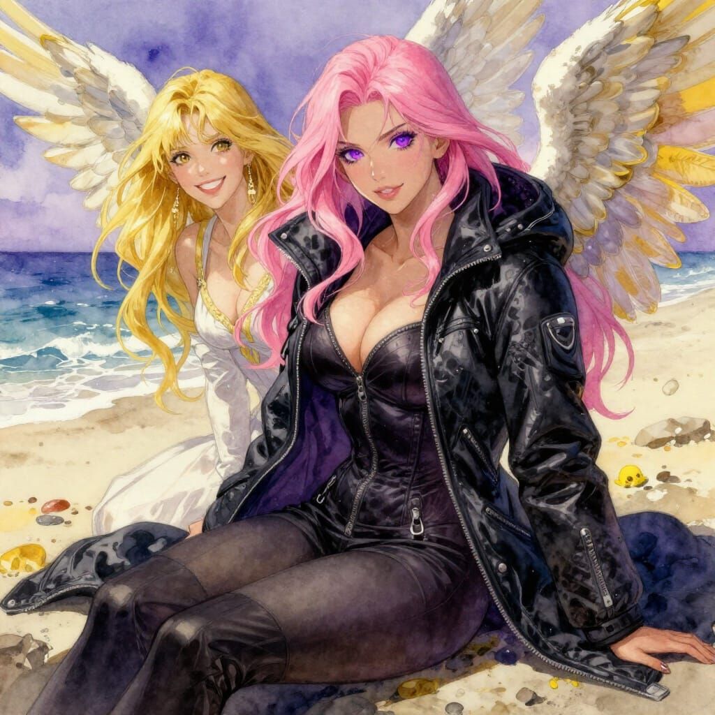 Pink Haired Woman & Angel on Winter Beach