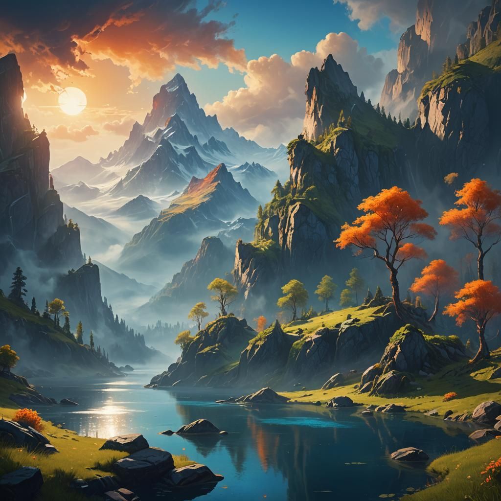 Mystical Mountain Lake Landscape in Romanticist Style