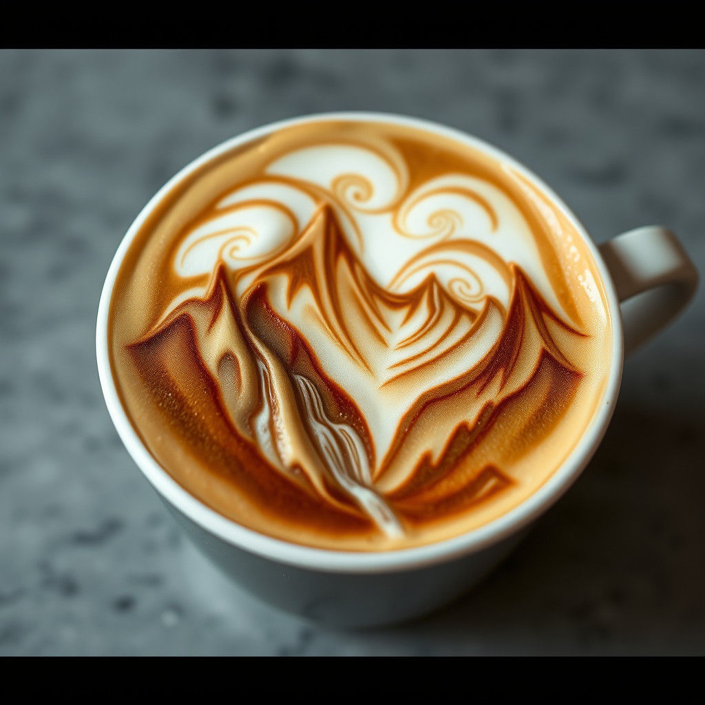 Dreamy Coffee Landscape with Swirling Clouds and Waterfalls