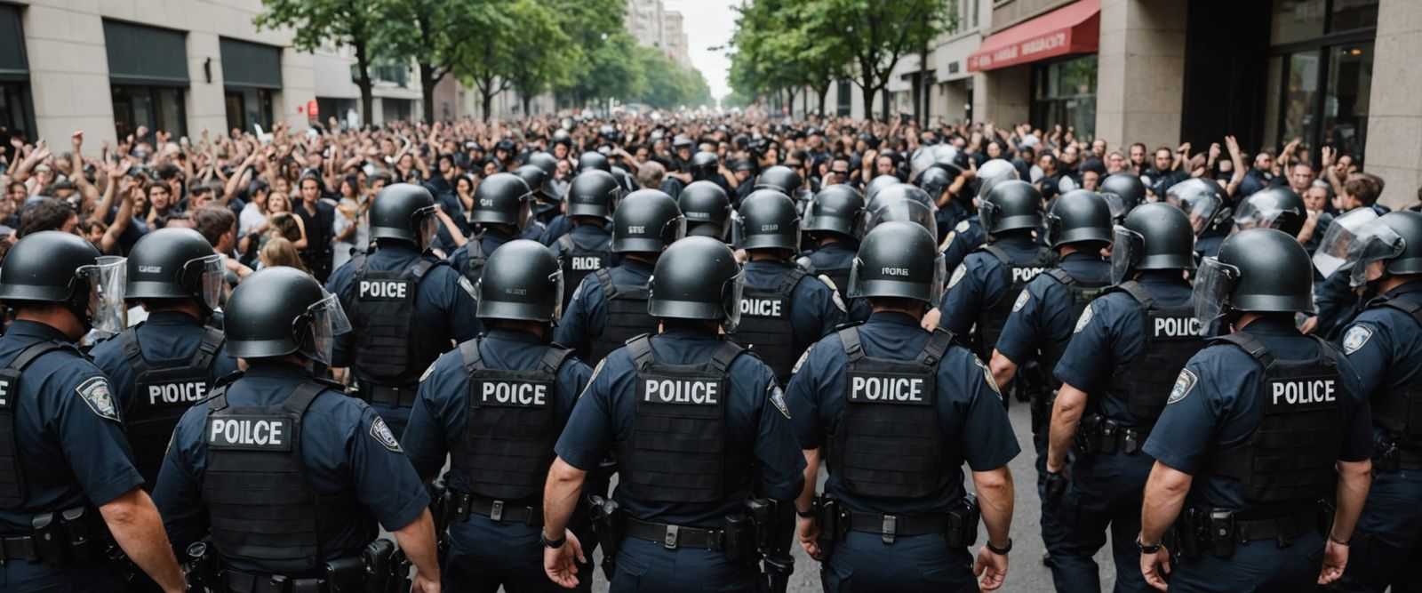 Riot Police Line Facing Angry Mob