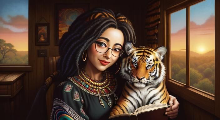 Whimsical Girl Tenderly Embracing Her Tiny Tiger Cub