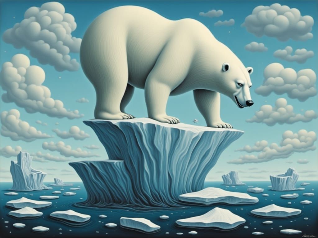 Whimsical Polar Bear on Melting Iceberg in Serene Arctic Lan...