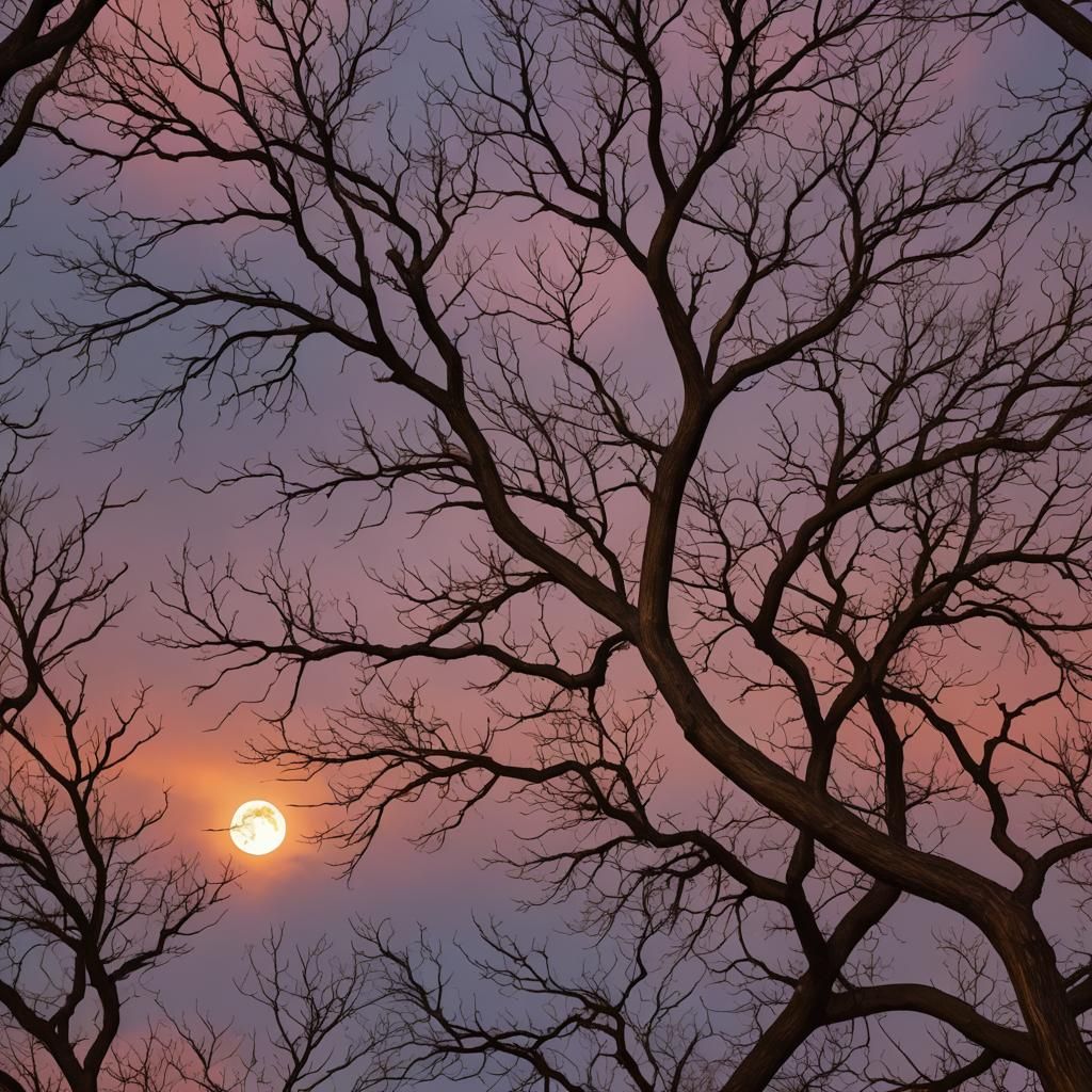 Rainbow Tree Branches at Dawn with Moon
