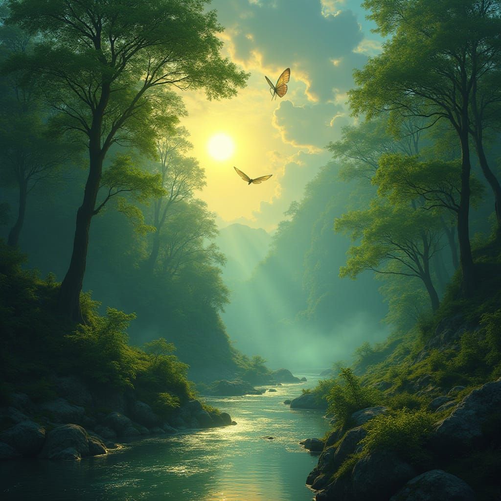 Vast Living Forest with Emerald Leaves and Crystal Butterfli...