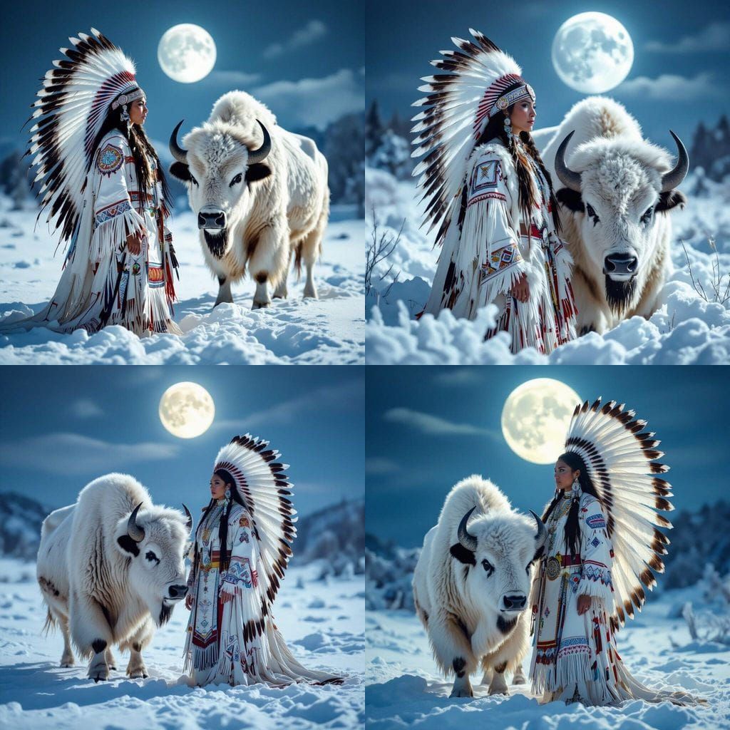 Native American Woman and White Buffalo Under Full Moon