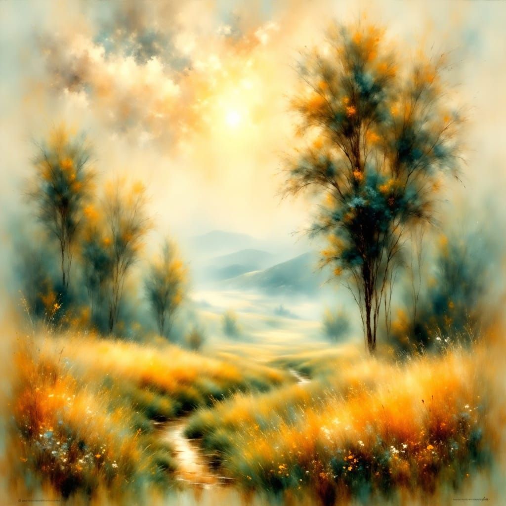 Un paysage champêtre serein, rendu dans des teintes douces e...