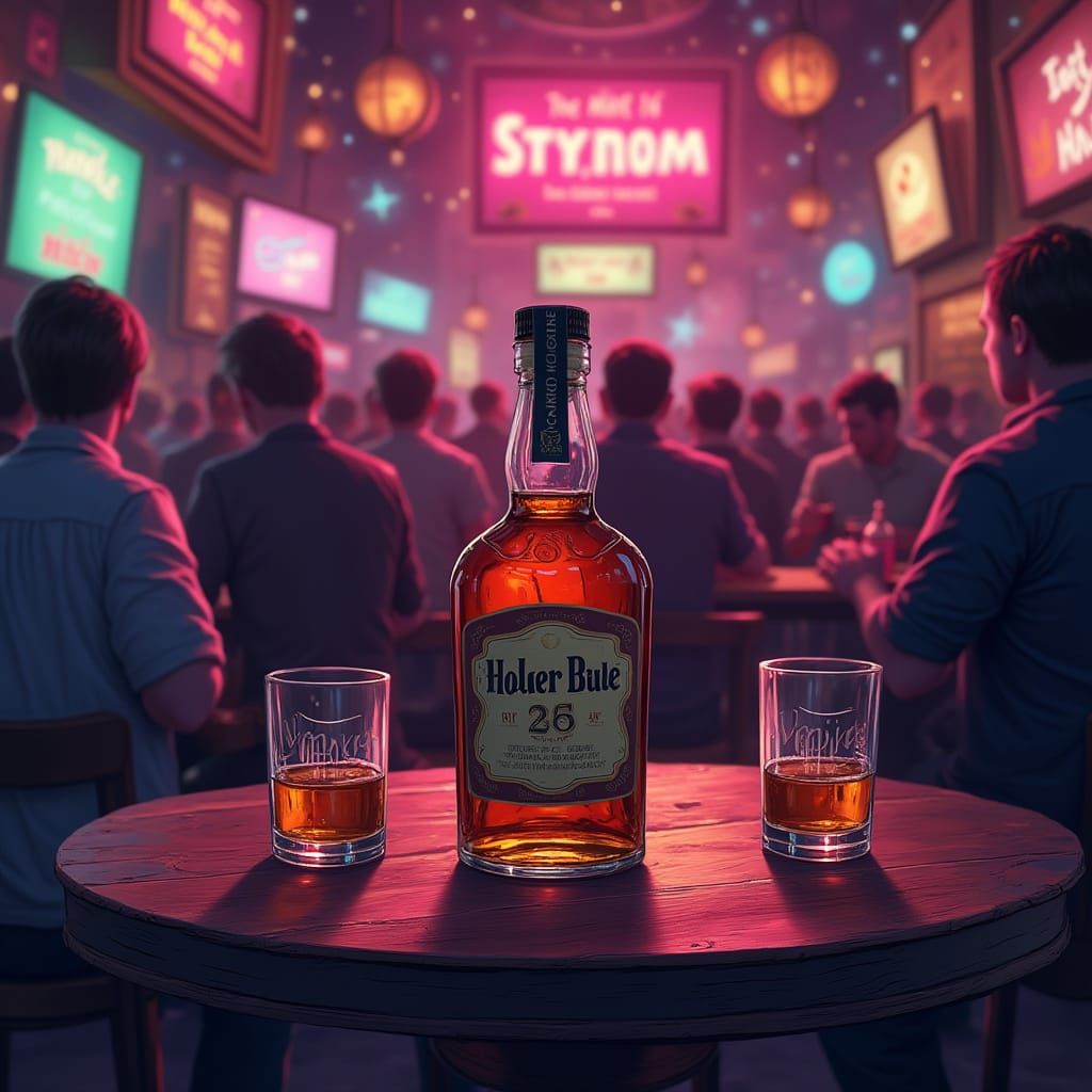 Psychedelic Whiskey Bottle in Cartoon Bar Scene