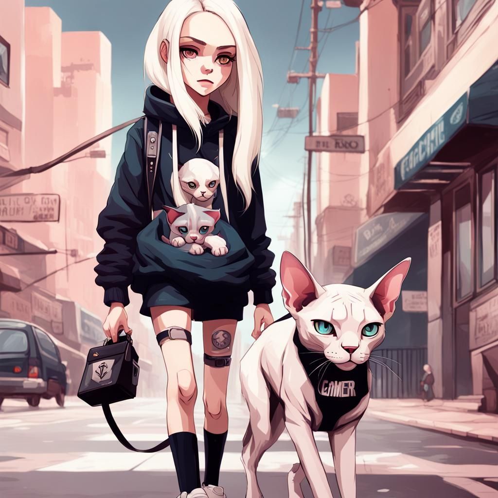 Gamer Girl Walking with Catsphynx in Gloomy Street