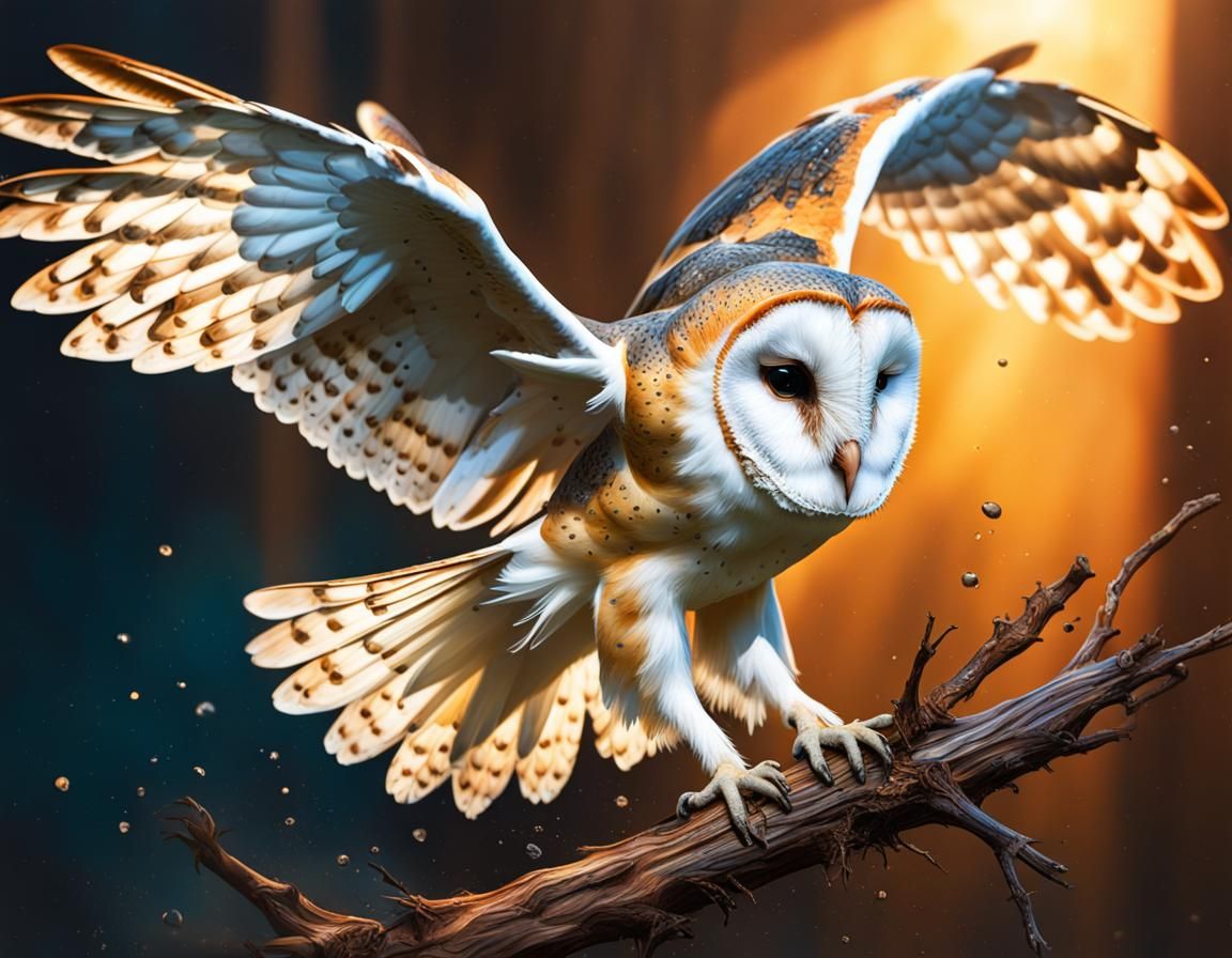 Barn Owl Captures Prey: Hyperrealistic Splash Art