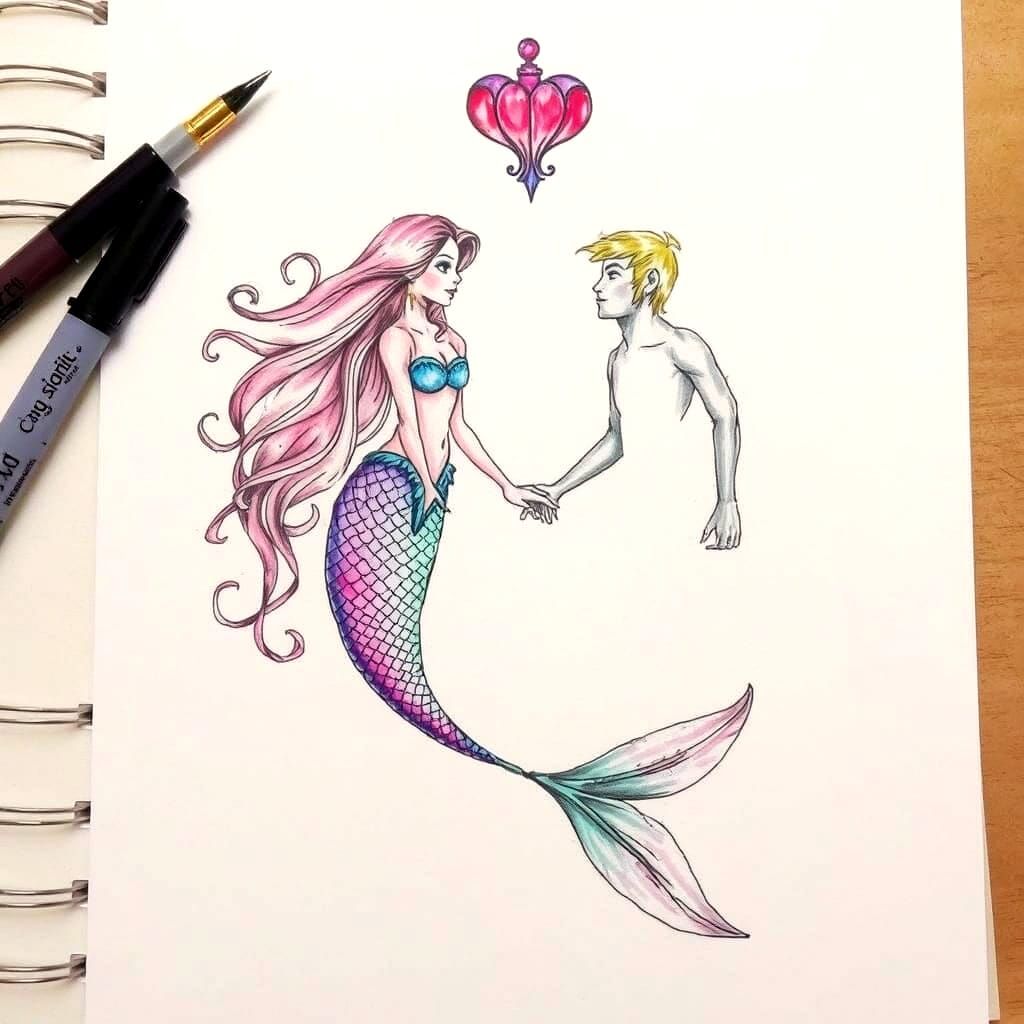 Mermaid and Merman in Aquarelle and Ink Style