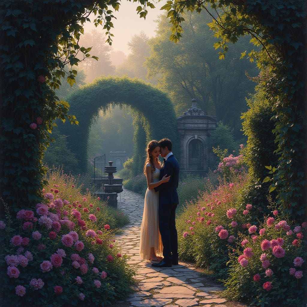 Twilight Embrace in Lush Romantic Pre-Raphaelite Garden