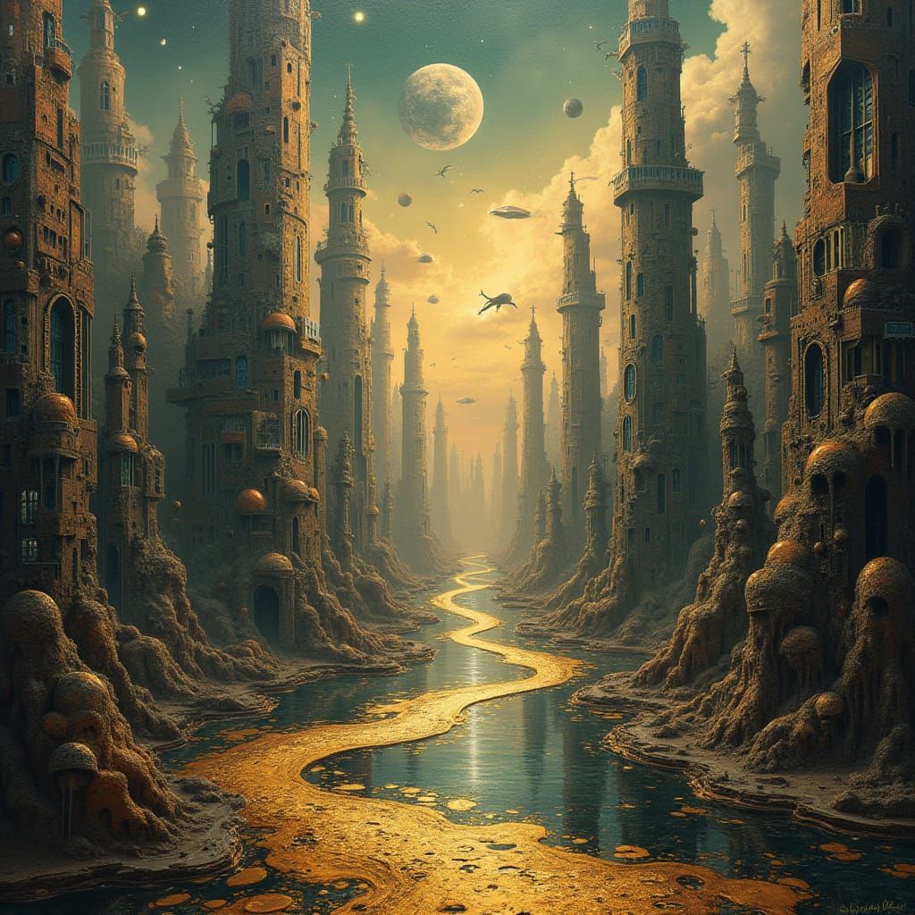 Surreal Clockwork Cityscape in Hyperrealistic Style