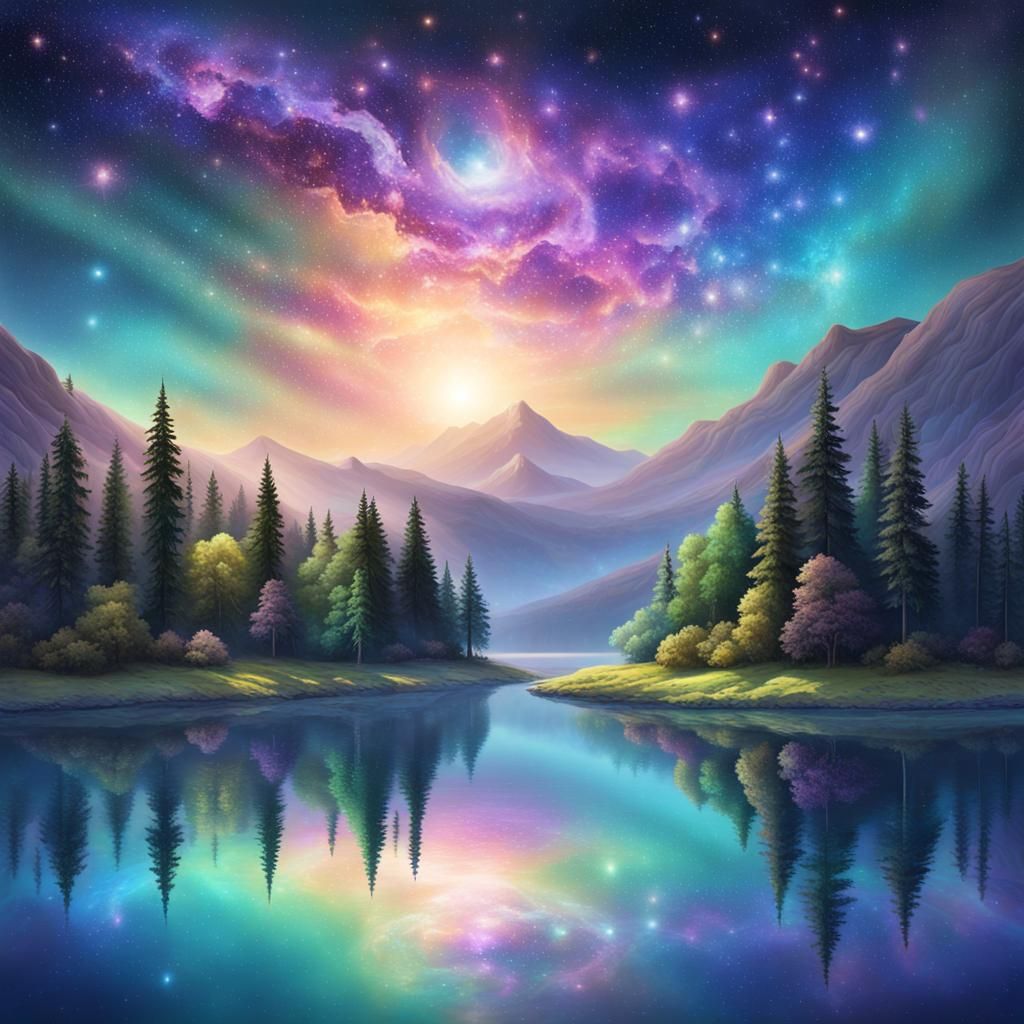 Iridescent Landscape with Shimmering Nebula and Lake