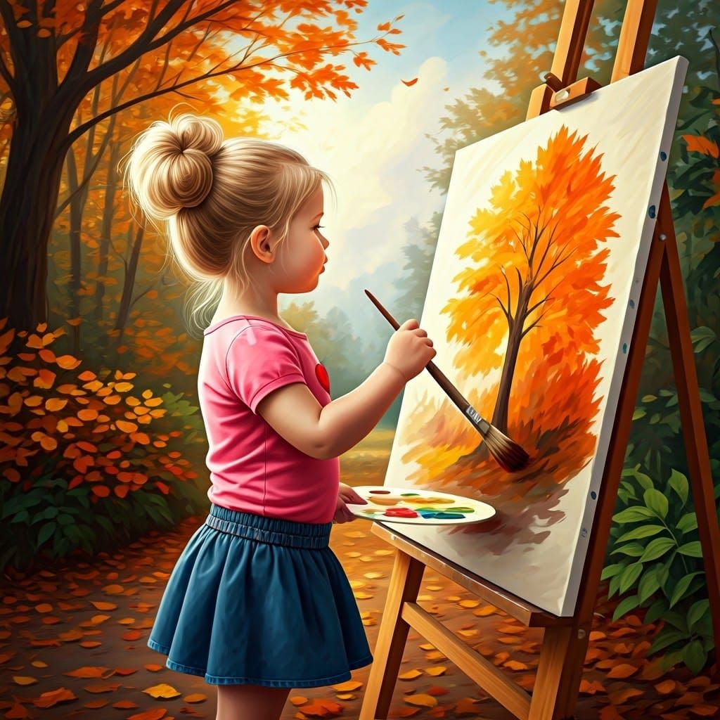 Girl Painting Autumn Scene in Oil Painting Style