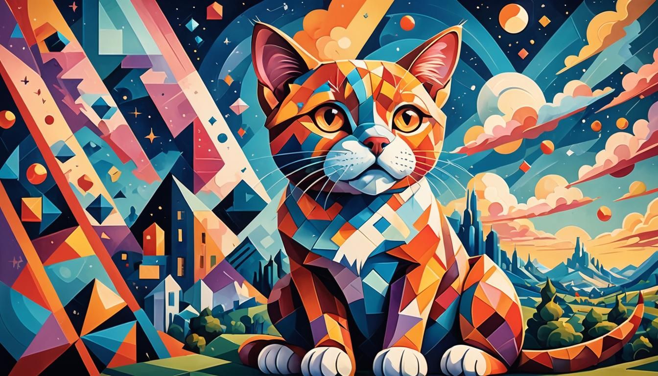 Dog and Cat in Cubist Fractal Sky