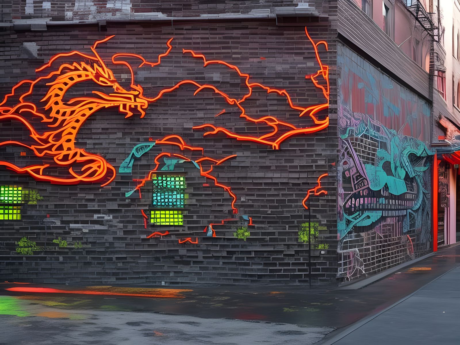 Cyberpunk Dragon Graffiti Art in Chinatown