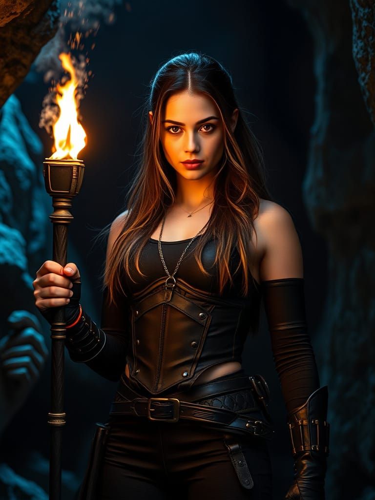 Female Character with Torch in Rocky Cave
