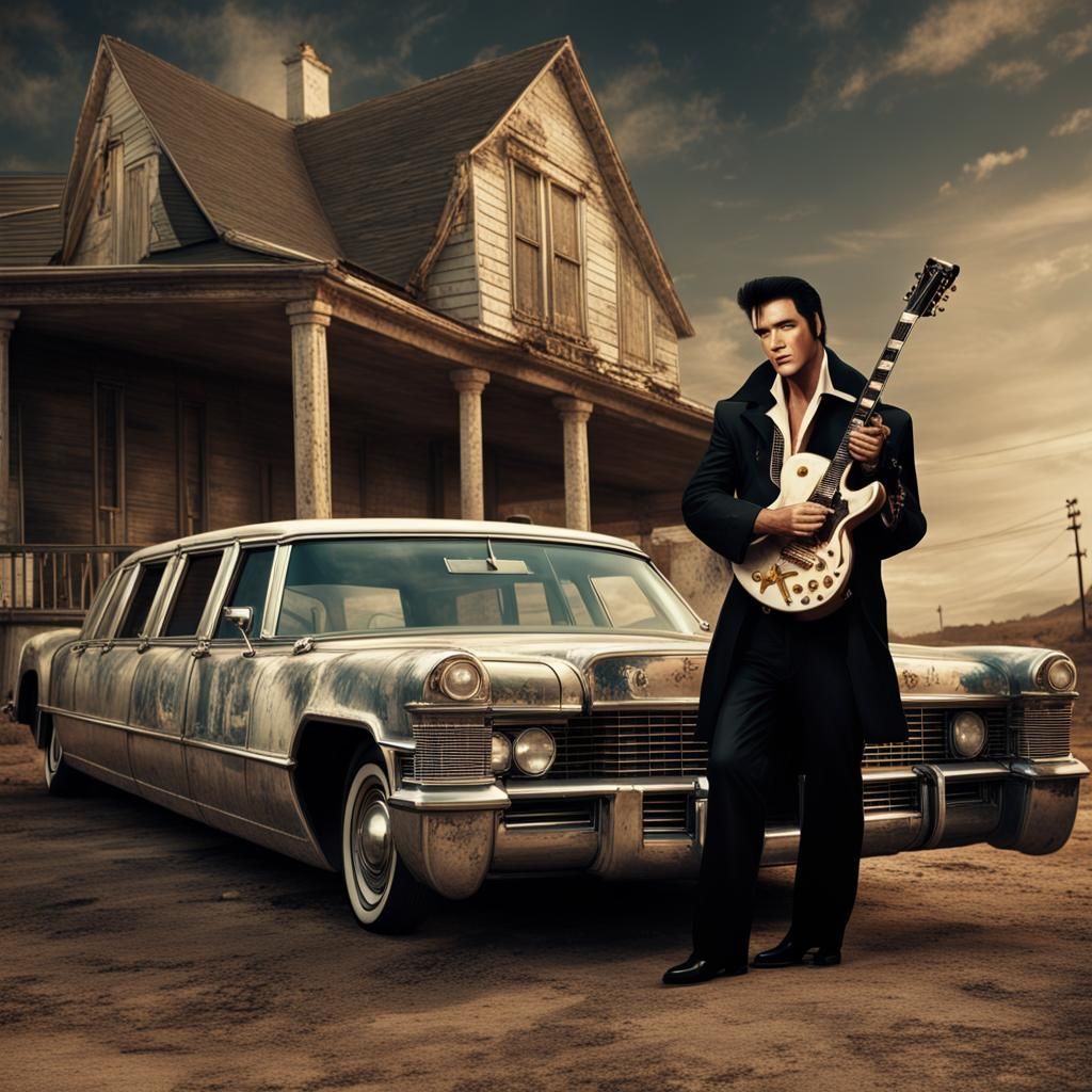Aging Elvis Presley with Limousine, Digital Matte Painting