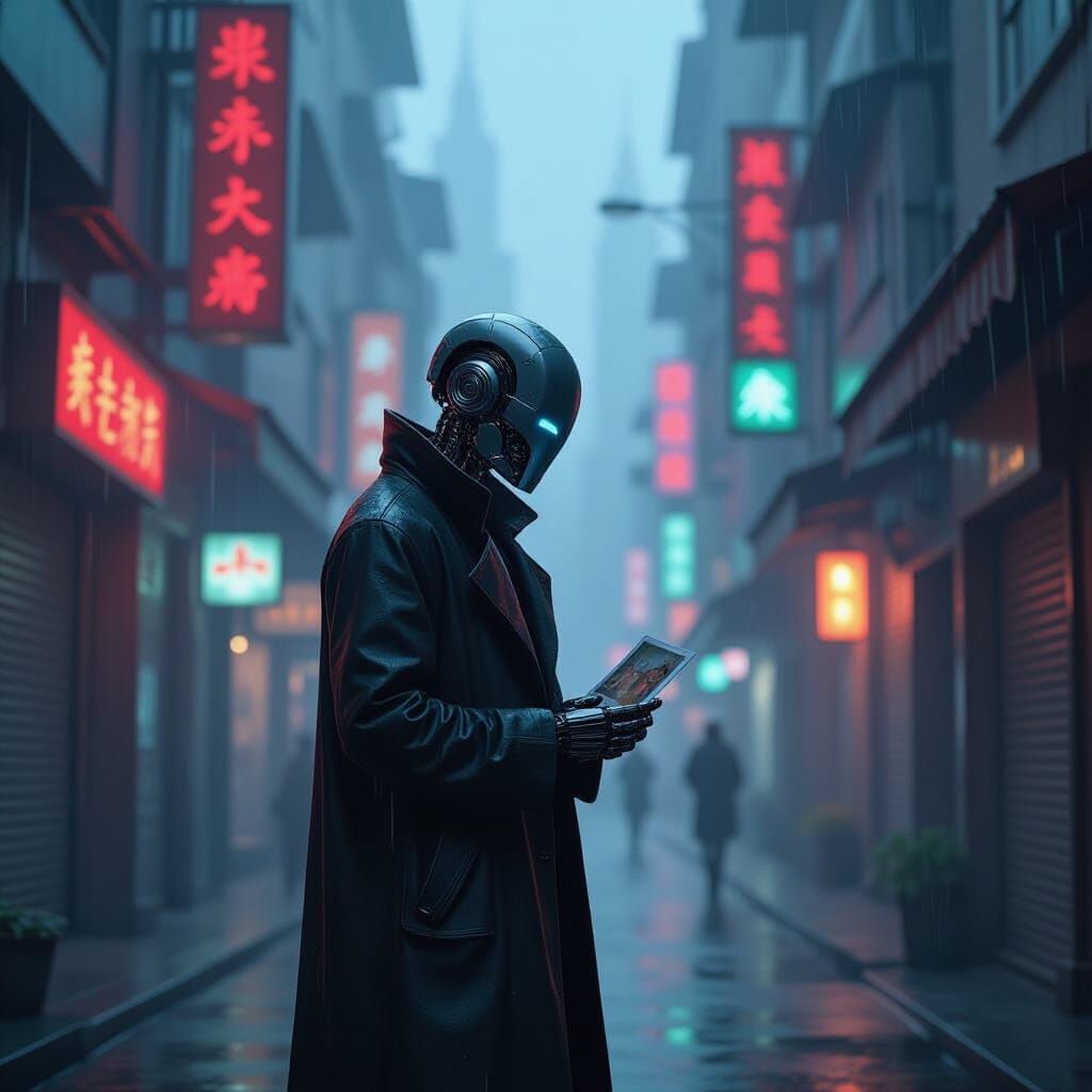 Android in Rain-Streaked Alley, Cyberpunk Cityscape