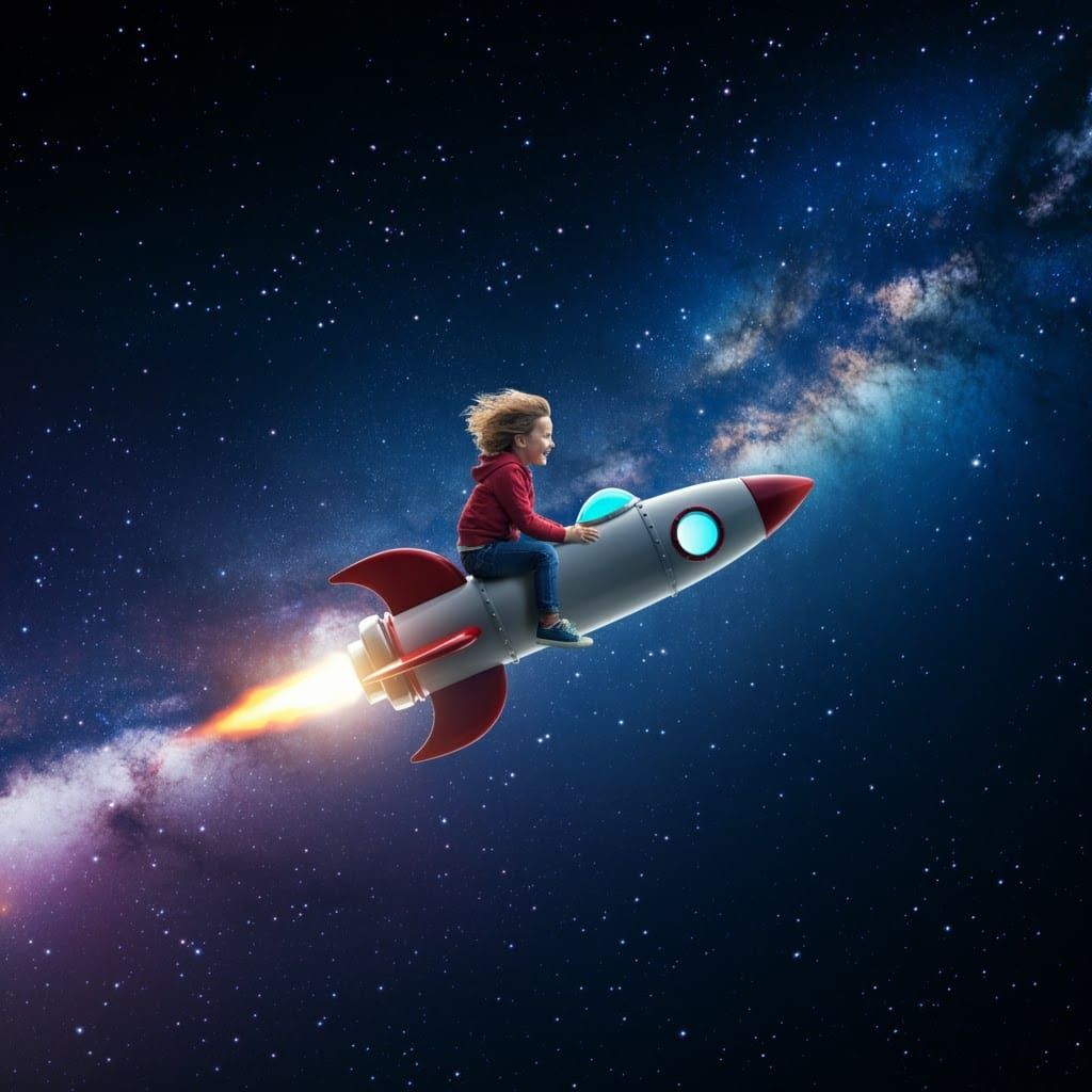 Child's Toy Rocketship Soaring Through Deep Space