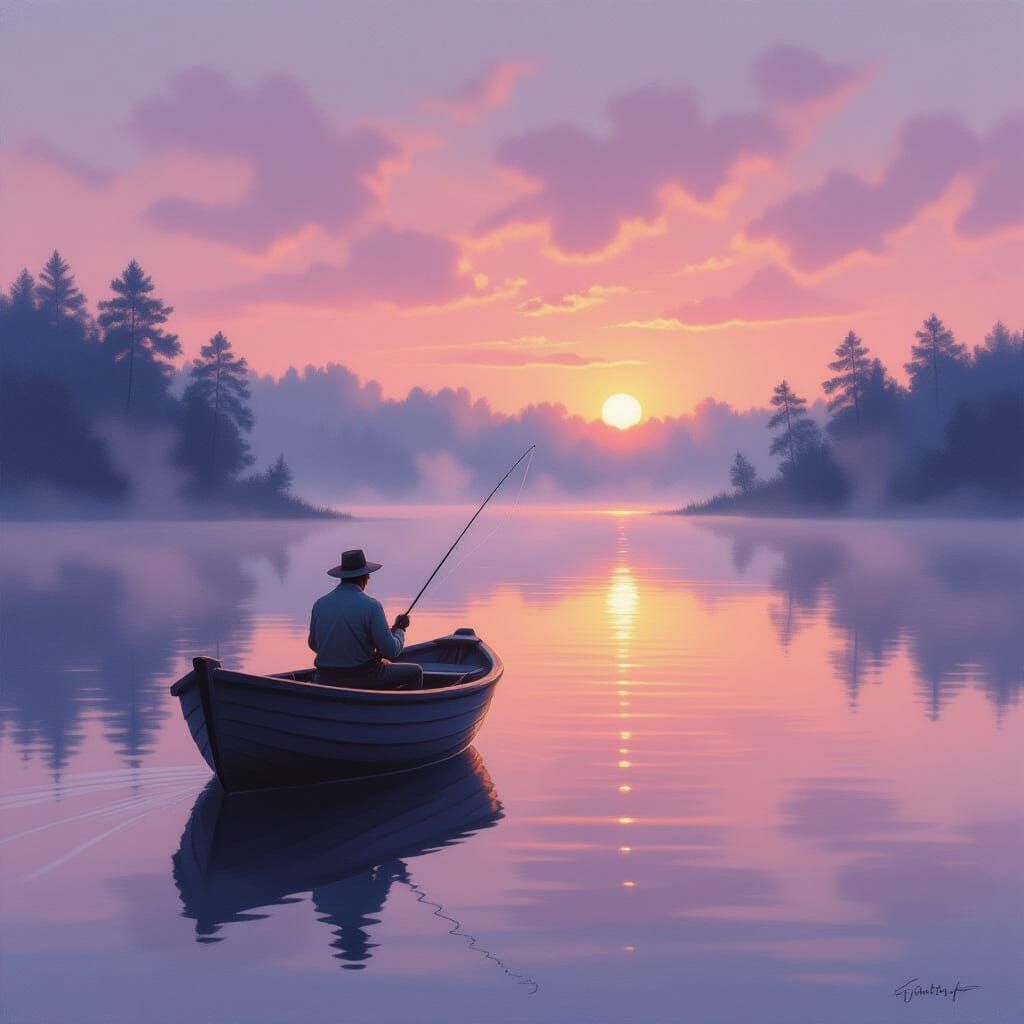 Fisherman's Dawn: Misty Lake Oil Painting