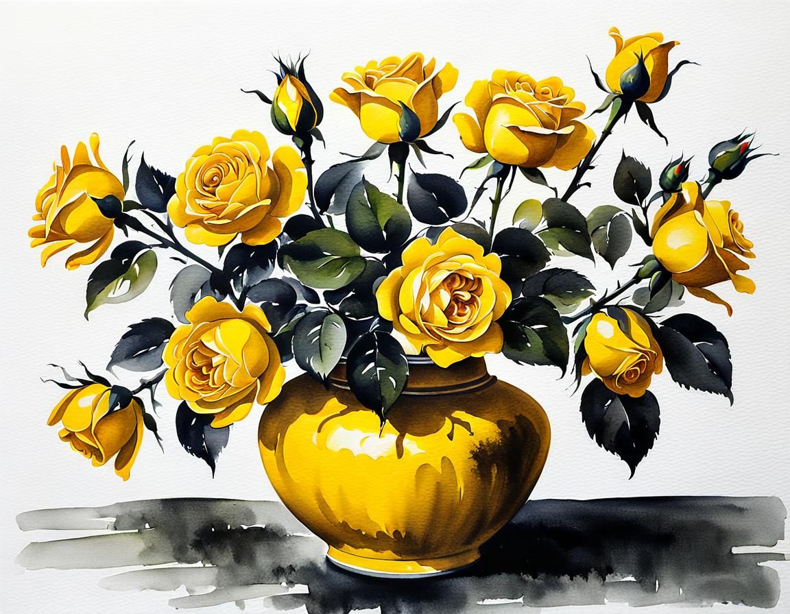 Yellow Roses in Vase: Chinese Ink Painting