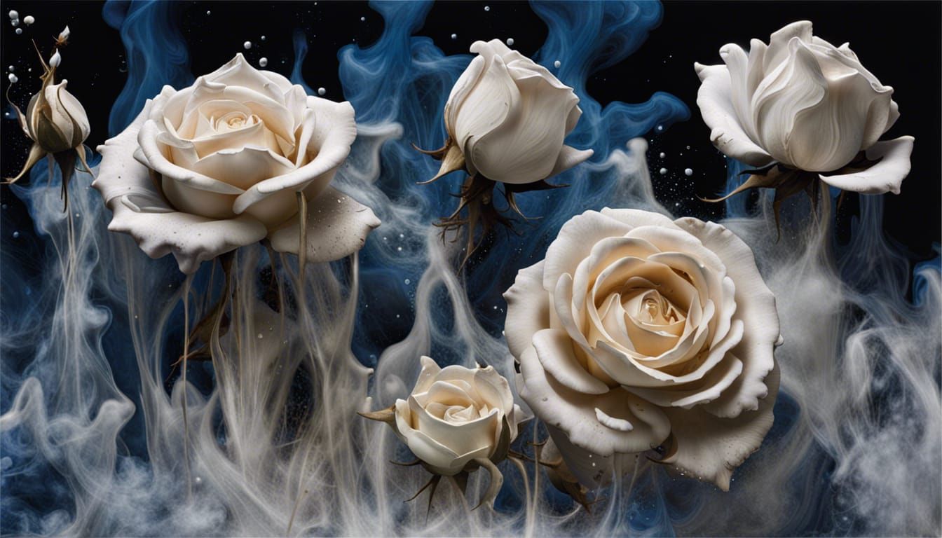 Blue Ink Roses Dissolving into Smoke