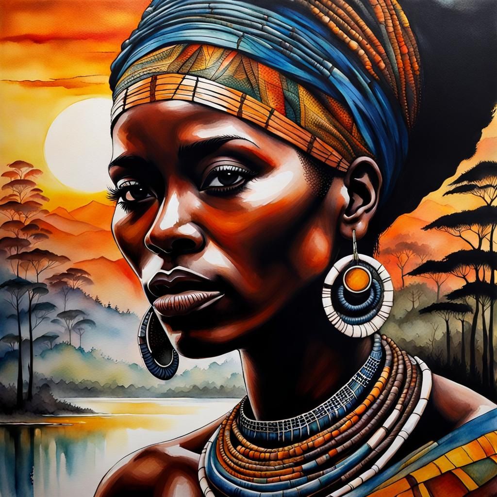 Serene African Woman Portrait in Watercolor Style