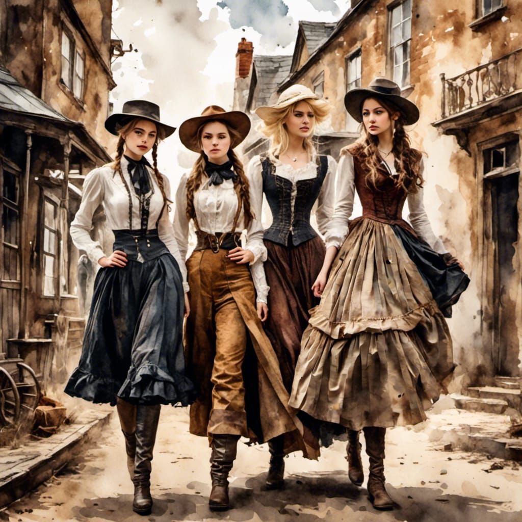 Victorian Women in Wild West Watercolor