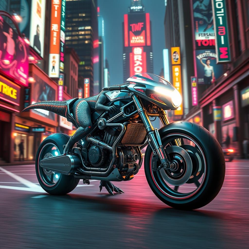 Cyberpunk Velociraptor Motorcycle Hybrid in Gritty Cityscape